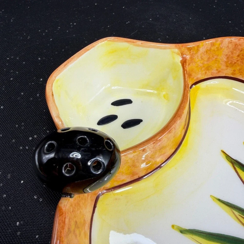 Hand Painted Ceramic Olive Serving Dish Mediterranean Signed 6in Orange Yellow